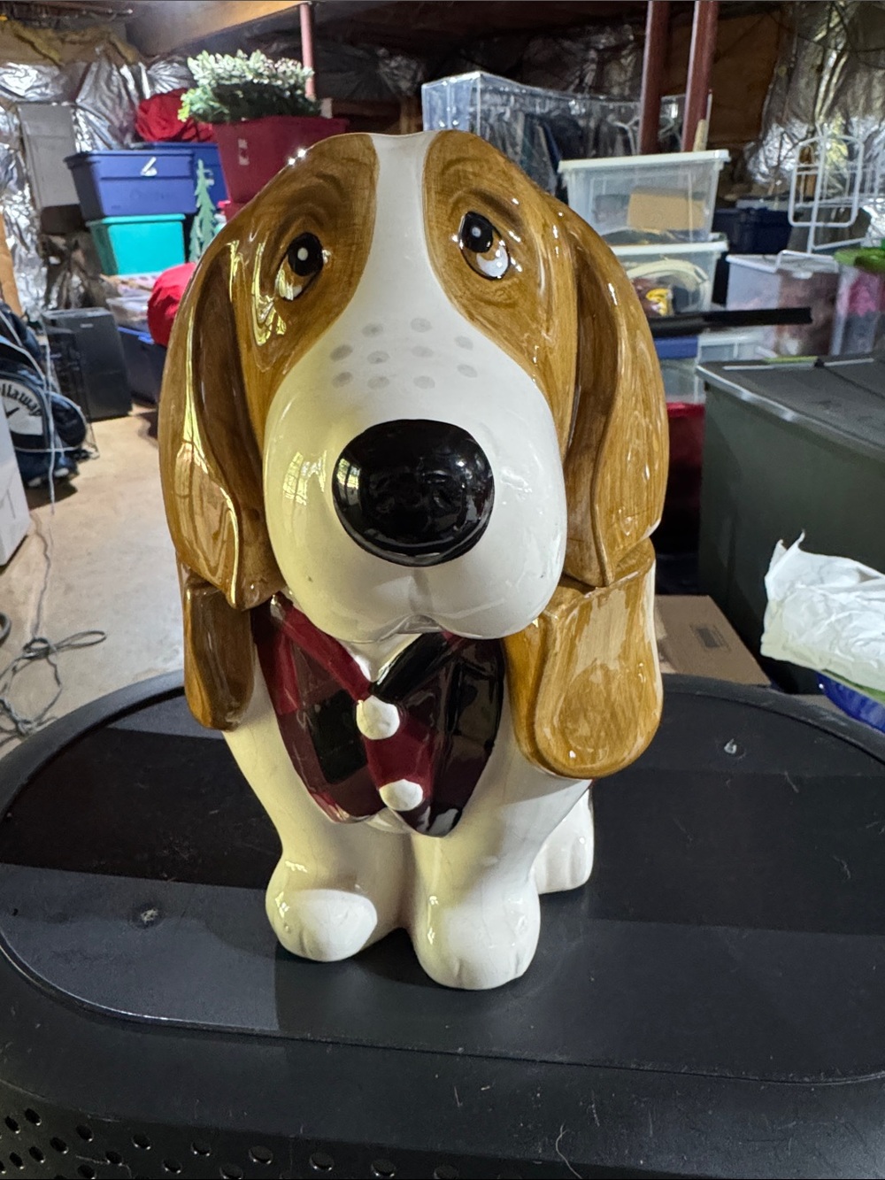 The Pioneer Woman Brown and White Ceramic Dog Cookie Jar with Red Bowtie
